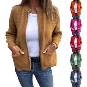 Round Neck Zipper Knitted Jacket, Solid Zipper Sweaters for Women, Women's Zip up Knit Cardigans Open Front