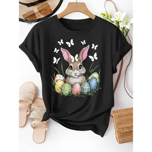Womens Easter Bunny Graphic Tee Short Sleeve Cotton Crewneck T Shirt Cute Spring Butterfly And Eggs Print Casual Daily Outfit Top For Festival Brunch