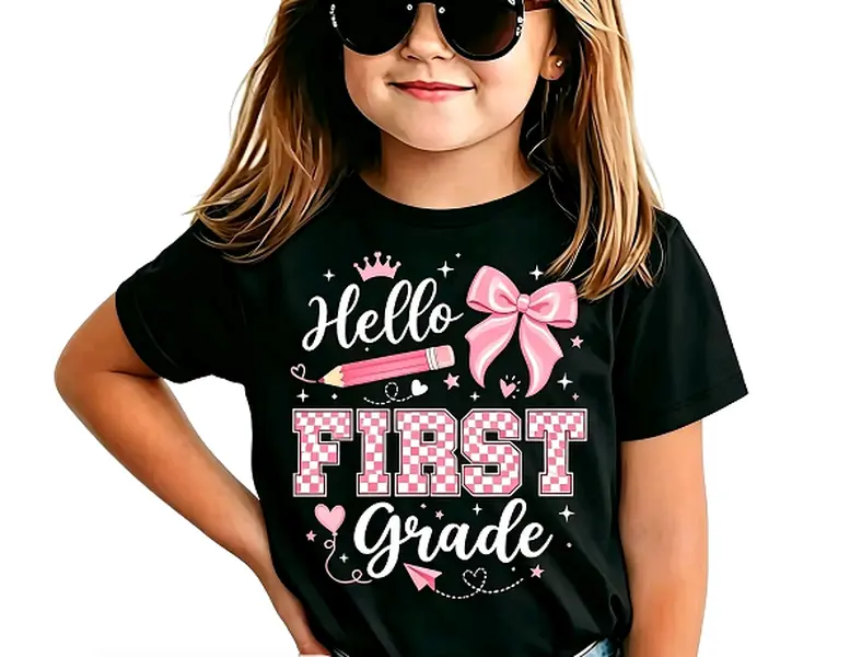 Hello First Grade Pink Bow Pencil Graphic T-Shirt Girls First Day Of School Tee