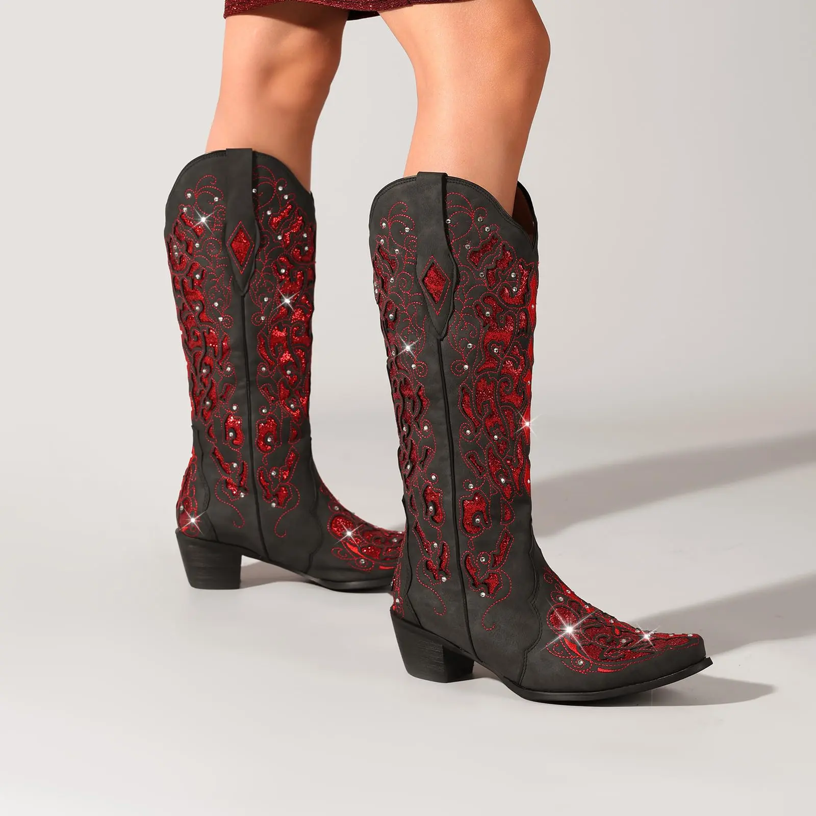 Women's Western Cowboy Boots, Sparkly Black & Red Rhinestone Mid-Calf Style with a Pointed Toe and Chunky Heel for Country Concerts, Shoe, Party, Rayon