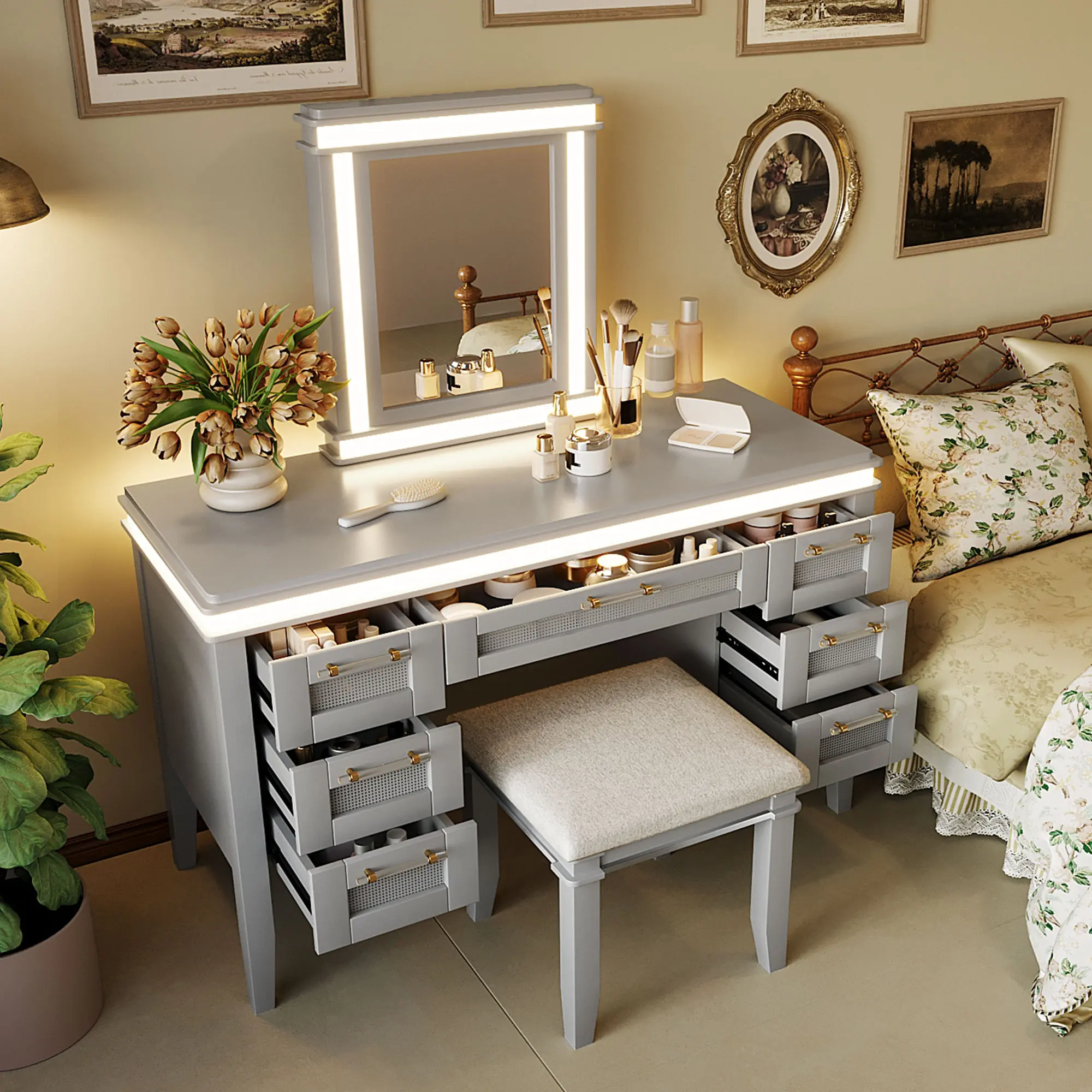 48-in Classic Beige Makeup Vanity Desk Set with 3-Mode LED Lighting, Built-In LED Strips, Mirror, 7 Drawers, Cushioned Stool, Hollow Design, Durable Bamboo Legs, Large Storage Organizer for Bedroom