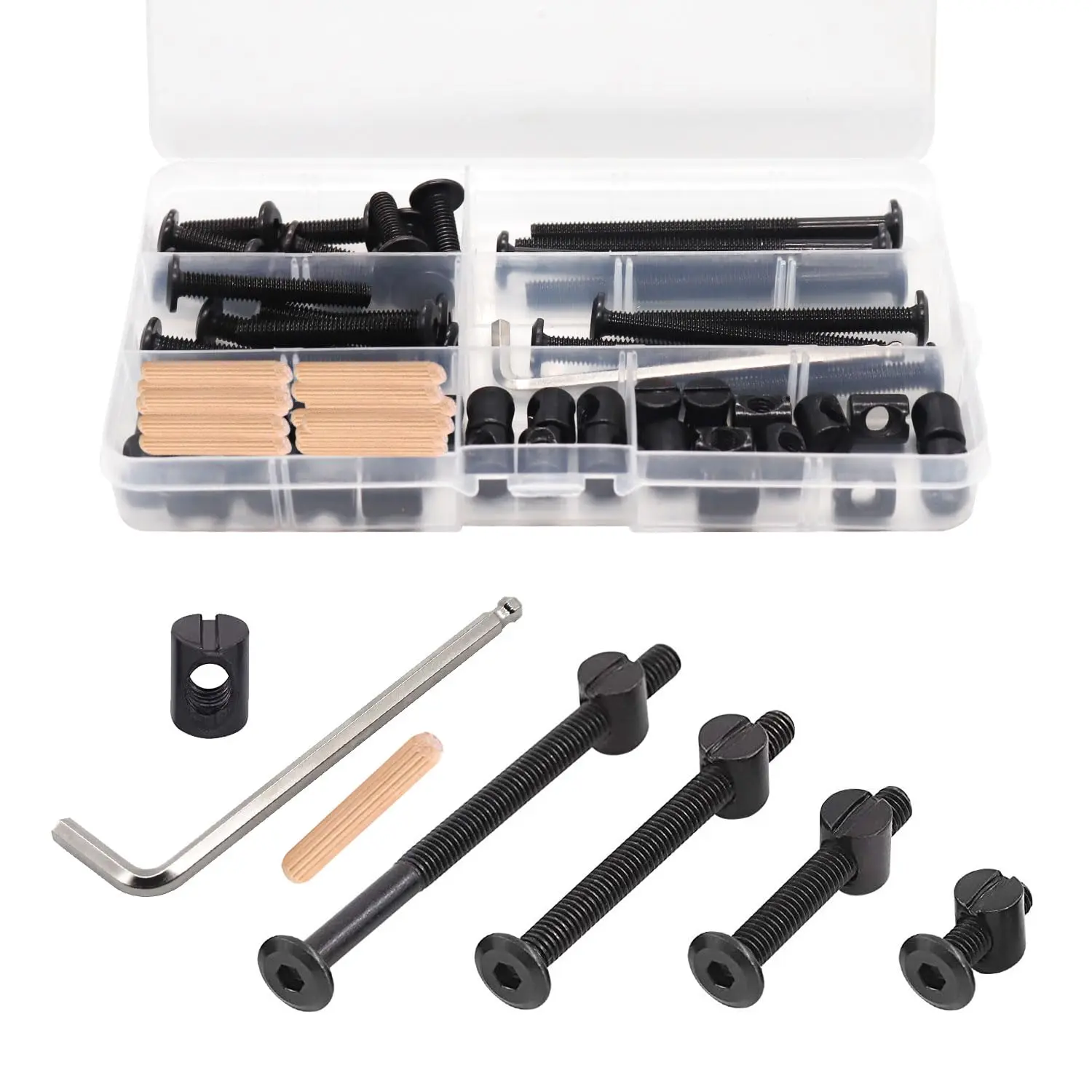Crib Screws Hardware Complete Replacement Kit - 16-Set Zinc Steel M6x16/40/60/80mm Hex Drive Socket Cap Screws, Barrel Nuts, 20pcs M6x16mm Wooden Dowel Pins, 1pc M6 Wrench for Baby Bed Frames, Bunk Beds, Headboards (60-Day Money-Back)
