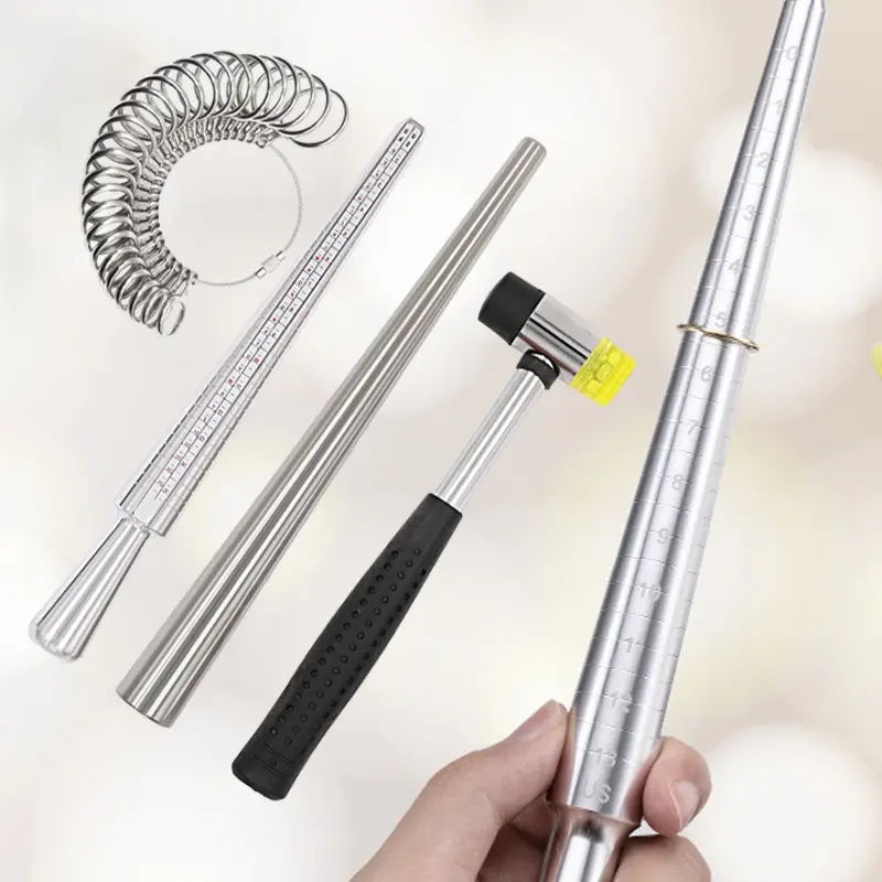 A set of 4 Ring Sizer Measuring Tool Including Ring Mandrel, Ring Gauge Finger Sizer & Rubber Jewelry Hammer, Metal Ring Measurement Maker Kit Ring Sizing Stick For Man Women Jewelry Making