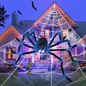 Halloween Decorations Outdoor, 200" Halloween Spider Web decorations + 50" Giant LED Halloween Spider, Outdoor Fake Spider Decorations with Triangular Spider Web for Indoor Outdoor Halloween Decorations Party Yard Huanted House Décor Led Star Light Led Mo