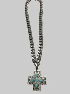 Turquoise Cross Necklace with Chunky 3.0 Silver-Plated Cuban Chain Simulated Turquoise Stones 1.5 Inches x 1.0 Inches Western Wear Fashionista Jewelry for Unique Eye-Catching Outfits