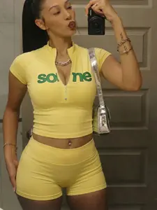 Women's Colorblock Print Set, American Style Letter Half-Zip Short Sleeve T-Shirt + Tight Gym Shorts, Perfect for Travel, Sport, Casual