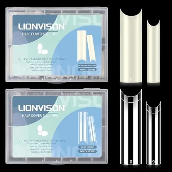 LIONVISON XL Square Nail Tips: 480PCS Extra Long NO C Curve Nails Tip | 2 Packs Natural and Clear Nail Tips - 12 Sizes Straight Tapered Square Press on False Nails Tip for Home DIY Long-Lasting