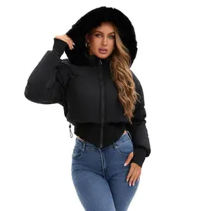 Women's Large Fur Collar Hooded Short Cotton Jacket, Autumn Winter Thick Warm Waist-Cinching Outerwear, Casual Long Sleeve Slim Fit Minimalist Black Womenswear Tops