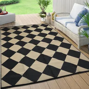 GARVEE 10x14 Outdoor Rug Waterproof Outdoor Plastic Straw Rug for Camping with Carry Bag, Reversible Easy Cleaning Checkered Floor Mat Outside Carpet for RV Patio Backyard Deck Picnic,Black Beige