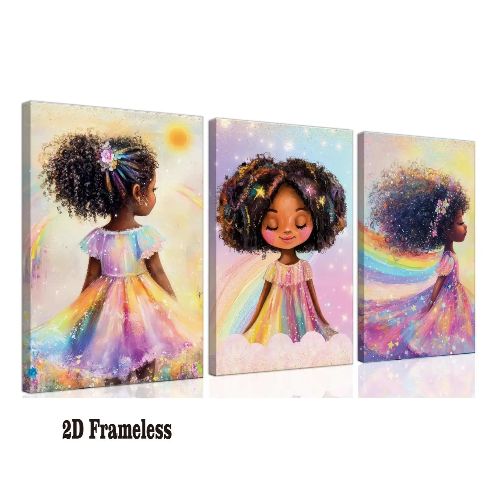 Set of 3: Black Little Princess Wall Art, Rainbow-Haired Girl Painting, Cute African-Curly-Haired Girl Art Print, Cute Black Girl Nursery Decorative Art, Fantasy Rainbow Art Poster Set; 2D Flat, Frameless, Modern Wall Art, Wall Prints, Decoration Items
