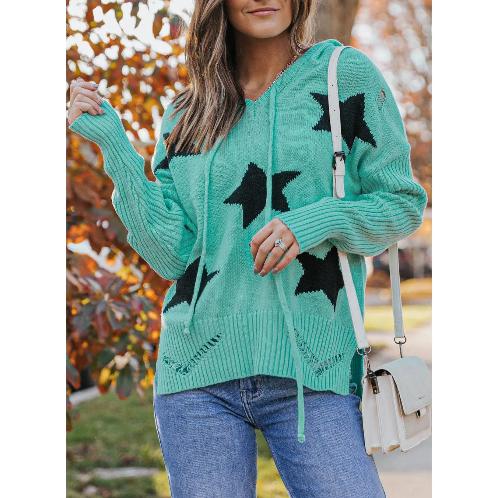 Star Distressed Slit Hooded Sweater