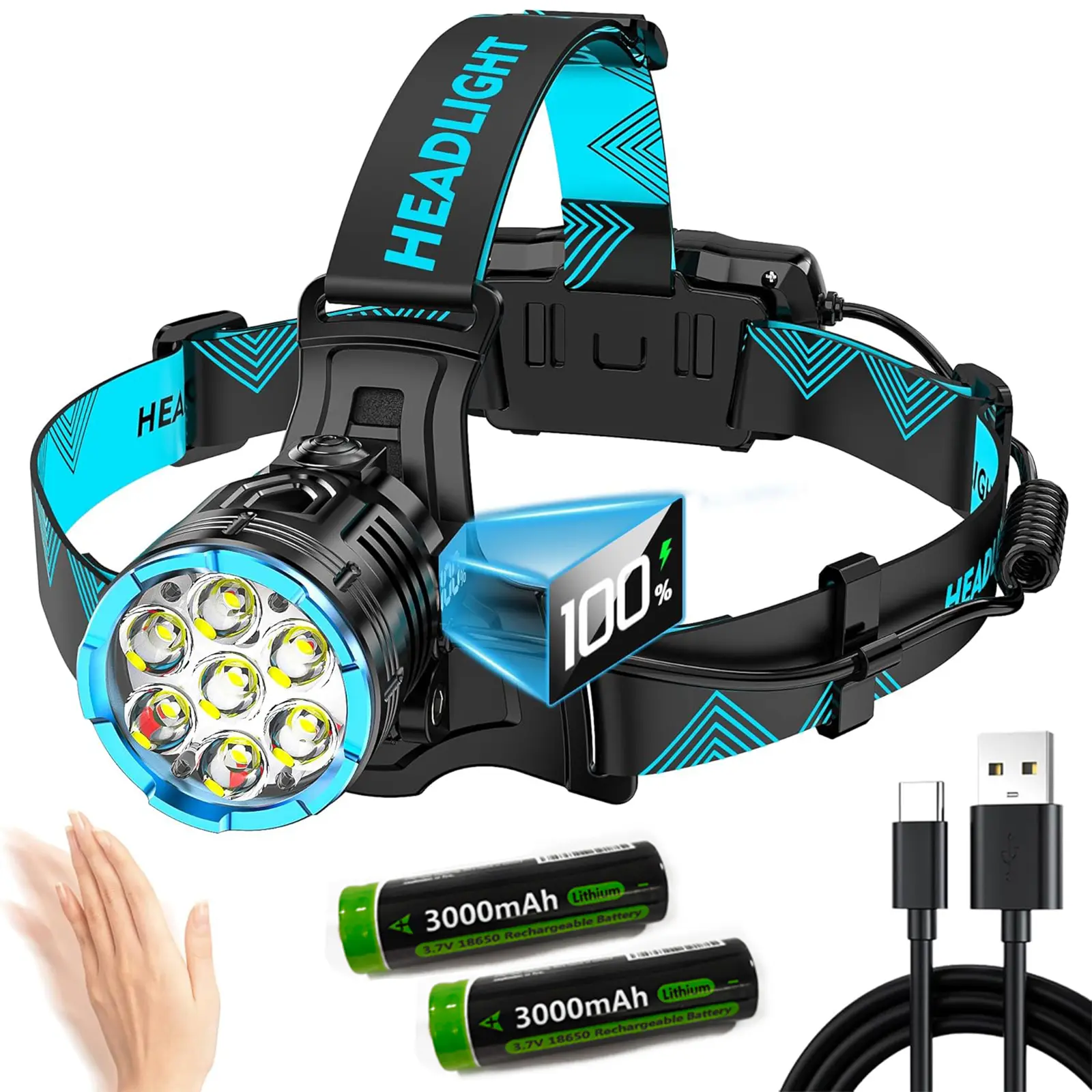 900000Lumens Rechargeable Red Light Headlamp with 7 Modes Sensor Motions and LCD Power Display, Long Time Head Lamp LED Waterproof Headlight for Forehead & 90° Adjustable Angle for Hardhat Camping Running Hiking Fishing