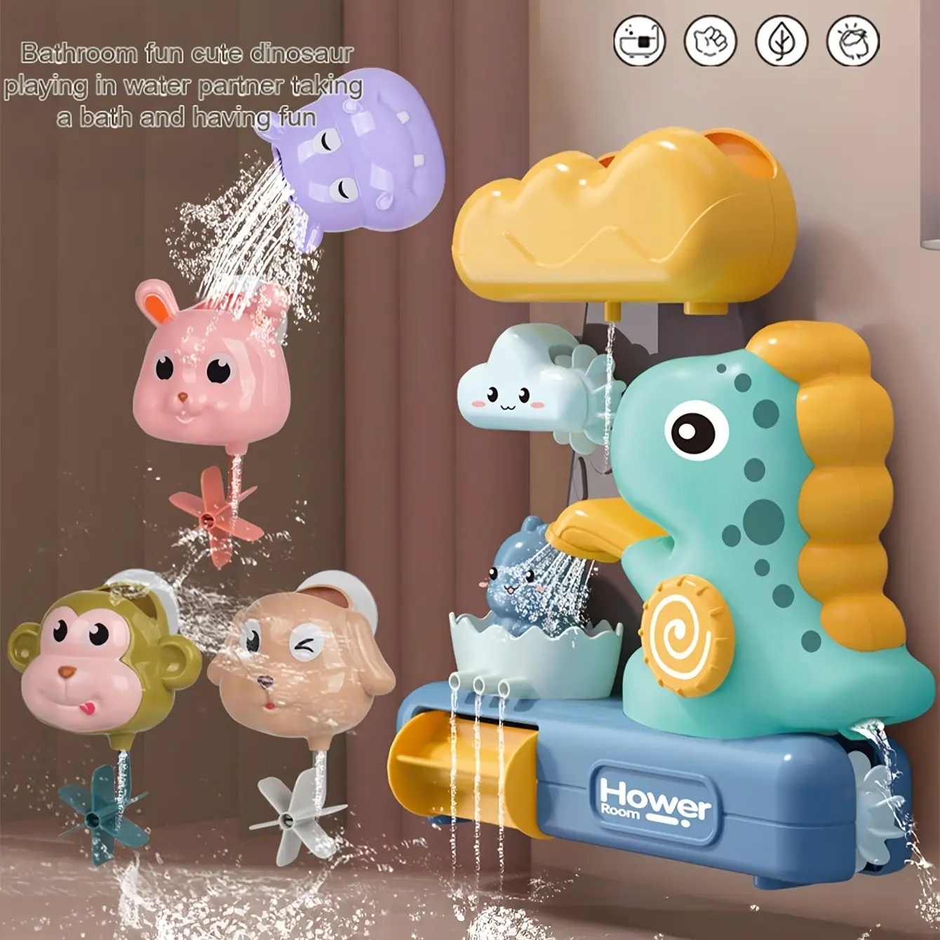 ABS Dinosaur Spinner 2-Piece STEM Bath Toy Set - Spinning Shower Sprayer, Pipes with Suction Cups, Bubble Fun Educational Water Play for 18M+ Kids, Bath Gift for Boys Girls, Dinosaur Spinner 2-Piece Set (Including Water Spoo