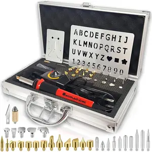 Professional Wood Burning Kit with Letters Pyrography Pen Fully Adjustable Temperature With safety Stand 27 Tips with Cutting Blade Stencils and Deluxe Case