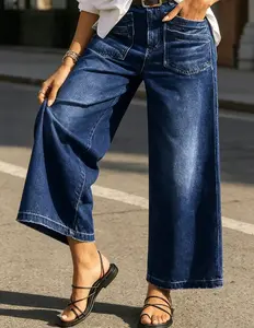 Women's Wide Leg Stretch Denim Cropped Jeans - Comfortable, Soft, Breathable Bottoms for Casual, Everyday Wear - Stylish, Versatile Womenswear, Style