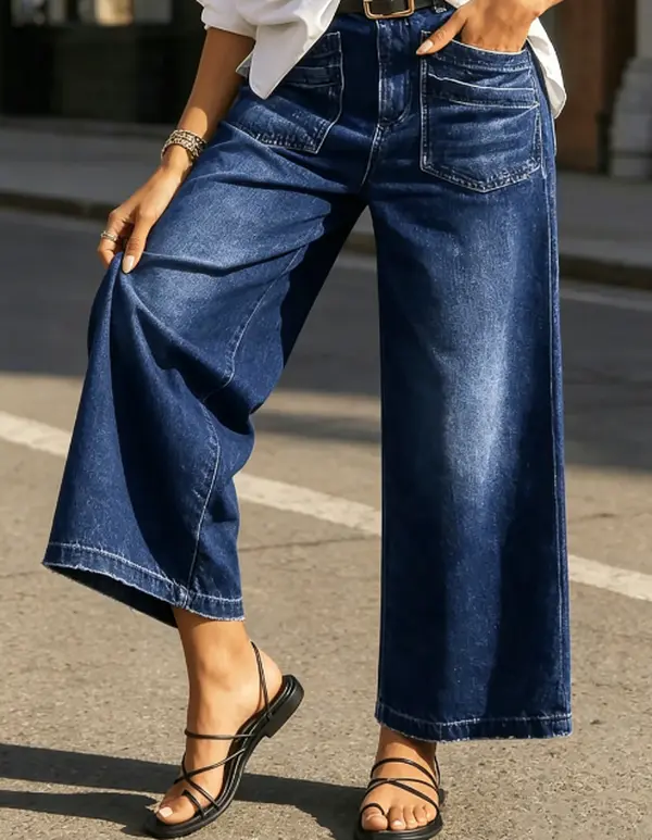 Women's Wide Leg Stretch Denim Cropped Jeans - Comfortable, Soft, Breathable Bottoms for Casual, Everyday Wear - Stylish, Versatile Womenswear, Style
