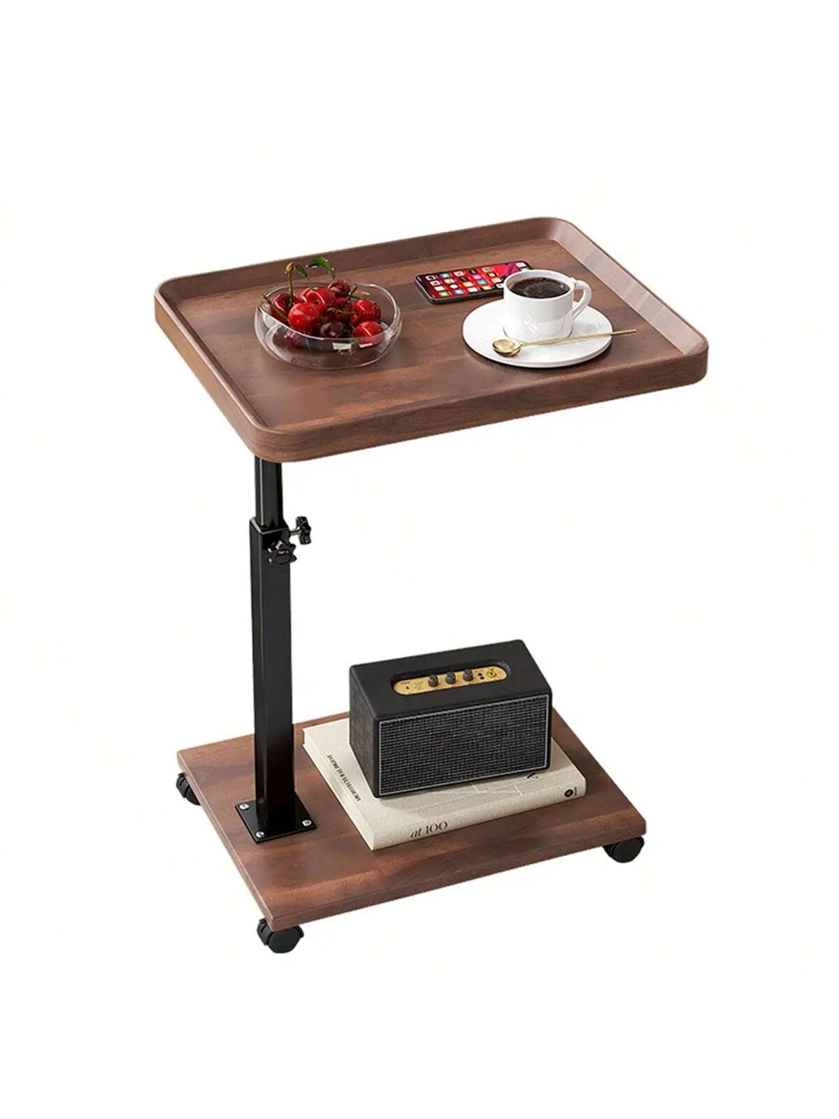 Gaomon C-Shaped Height-Adjustable Solid Wood Side Table with Stable Steel Frame, 360° Swivel Caster Base, Anti-Skid Design, Quick Assembly Required, Portable TV Tray for Small Spaces, Sofa Side Use (Eating, Laptop)