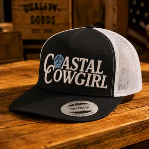 Coastal Cowgirl Embroidered Trucker Hat Vintage Mesh Snapback Cap Beach Western Cowboy Style Adjustable Baseball Hat for Women
