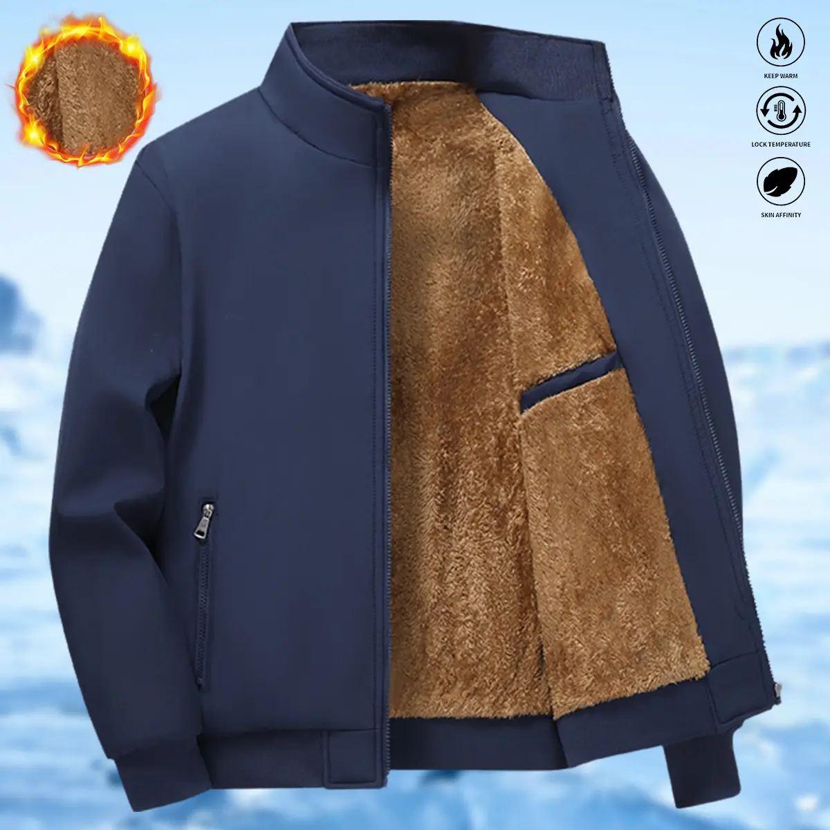 Men's Plain Fleece-Lined Stand Collar Long Sleeve Lightweight Warm Zipper-Closure Jackets, Ideal for Winter Hiking & Outdoor Wear