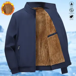 Men's solid color fleece-lined stand collar jacket with zipper closure, lightweight and warm, perfect for winter hiking and outdoor activities