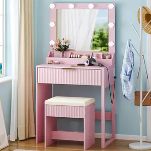 summervibes Ktaxon Fluted Makeup Vanity Desk with Mirror & Lights & Power Outlet, Pink Modern Dressing Table Set Charging Station for Bedroom, w/ 1 Drawers & 3 Grids