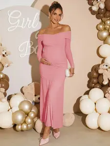 ADORIA Maternity Off Shoulder Long Sleeve Casual Fitted Long Dress Maternity Dress Sexy Maternity Dress Babyshower Dress Maternity Pregnancy Photoshoot Dress Baby Shower Guest Outfit