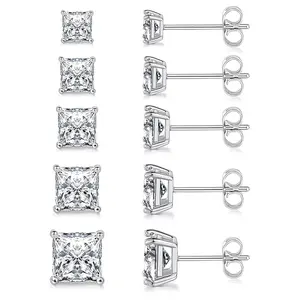 MDFUN Princess Cut Square Clear Cubic Zirconia Stud Earrings Pack of 5 Pairs, Hypoallergenic Unisex Earrings, Everyday Wear, Christmas Gift Idea