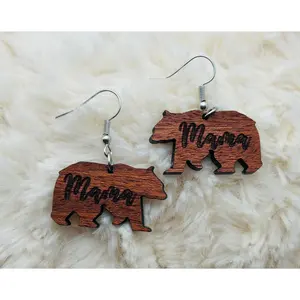 Mama Bear Engraved Sapele Dangle Earrings