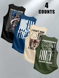 Men's Usa Flag Gun 1776 Print Sleeveless Vest, Trendy Street Style, Perfect Gift, Summer Fashion Essential, 4-Piece Set