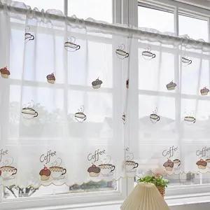 Coffee Pattern Embroidery Short Curtain, 2pcs Home Decorative Translucent Window Curtain, Home Supplies for Kitchen, Dining Room, Living Room, Home Decoration Curtain