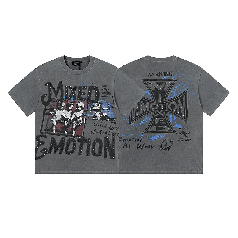 2026 MIXED EMOTION 100% Cotton Certified Rhinestone Iron Cross Graphic Tee Washed Grey Y2K Streetwear Standard Fit T-Shirt