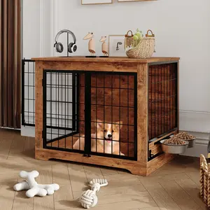 Garvee 32" Heavy Duty Wooden Dog Crate Furniture with 360° Rotating Stainless Steel Bowls | Chew-Resistant Indoor Kennel End Table for Small Medium Dogs | Dual Doors Decorative Pet Cage & Side Table | Modern Rustic Brown Pet House for Living Room