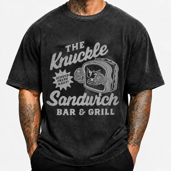 Vintage The Knuckle Sandwich Bar And Grill Graphic Tee Soft Cotton Washed Short Sleeve Crew Neck T Shirt Unisex Retro Cartoon Meme Novelty Casual Daily Wear For Humor Enthusiasts