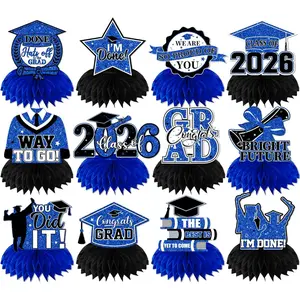 Blue Graduation Decorations Class Of 2026 Honeycomb Centerpiece,12pcs Blue and Black Graduation Table Decorations Congrats Graduation Centerpieces for Tables