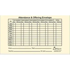 212 MAIN Attendance & Offering Envelope, String Fastener, 4x7 in Size, 1-Year Use, One Year Use