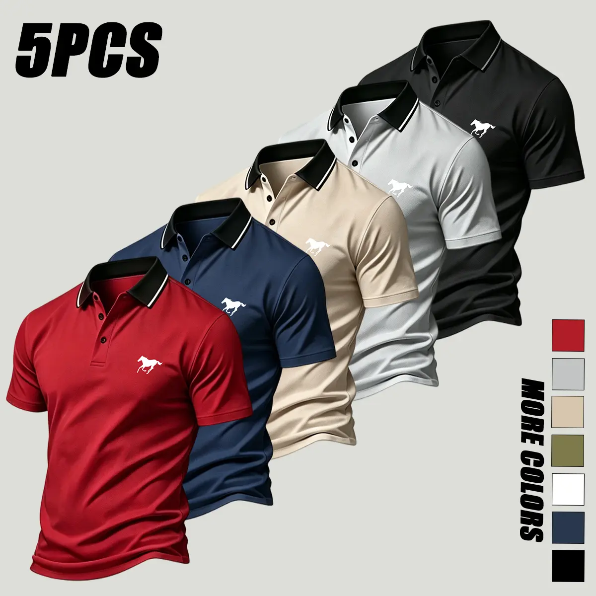 5-piece set: men’s horse print summer short-sleeve shirts—great value pack; men’s summer soft fabric golf polo shirt; stylish item suitable for outdoor golf sports and everyday casual wear; can also be a gift for men.