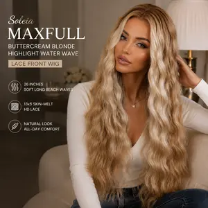 Soleia - MaxFull Buttercream Blonde Highlight Water Wave Lace Front Wigs with Scandinavian Hairline | 26 Inches Soft Long Beach Waves, Realistic 13x5 Skin-Melt HD Lace, Beginner-Friendly All-Day Comfort HD Synthetic Lace Front for Women