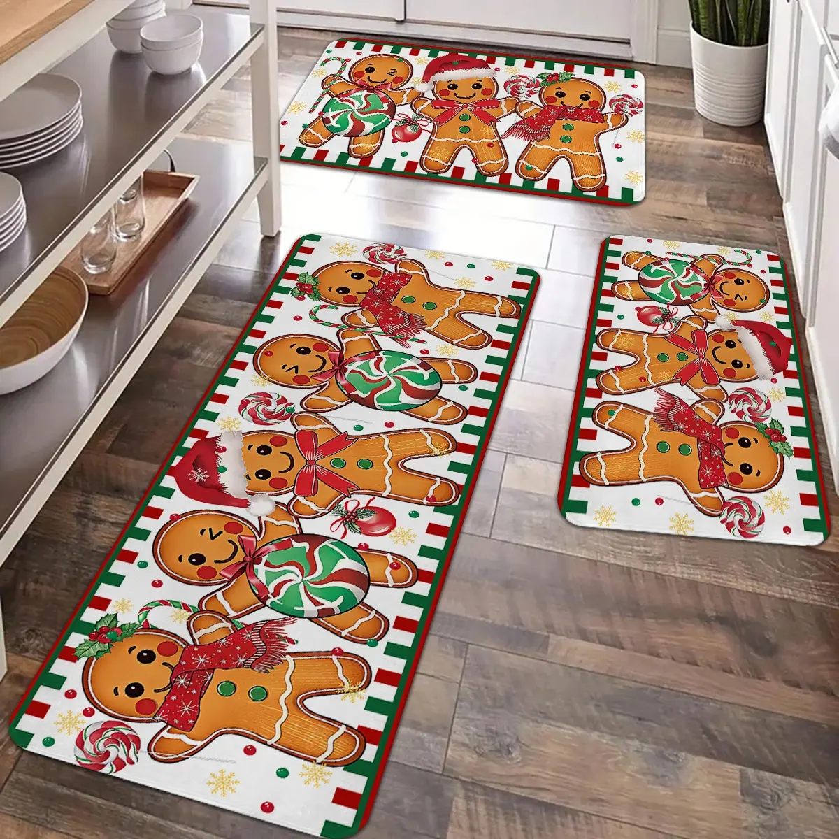 2/3pcs Christmas Kitchen Carpet Floor Mat, Cute Cartoon Gingerbread Man Pattern Anti slip Floor Mat, Flannel Soft Floor Mat, Suitable for Kitchen, Entrance Door, Laundry Room, Bathroom, Living Room, Room Christmas Decoration, Decorative Rugs
