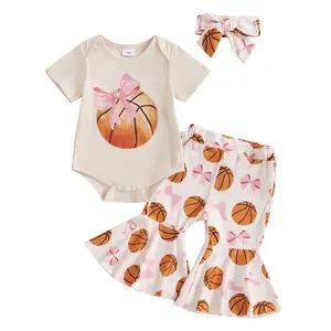 Baby Girls Summer Clothes Short Sleeve Round Neck Romper with Basketball Print Flare Pants and Headband Toddler Girl Basketball with Daddy Clothes