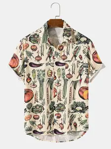 Vintage Vegetable Pocket Hawaiian Shirt Menswear, Stylish Collared Button Shortsleeve Aloha Top, Casual Smooth Polyester Tropical Streetwear