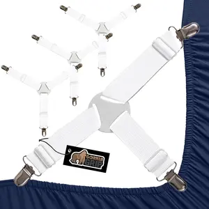 Sheet Ties, Adjustable Elastic Fasteners with Metal Clips, Fixed Fixing Bedding Holder, Easy to Install Strap Mattress, Secure Fastening Accessories, 4 Pack, White