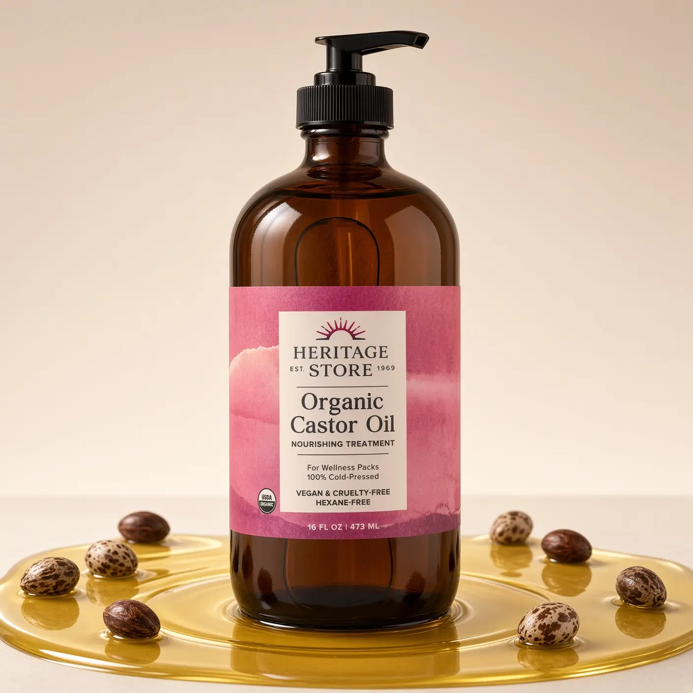 HERITAGE STORE USDA Organic Castor Oil in Glass Bottle - 16oz or 32oz Cold-Pressed for Castor Oil Packs, Hexane-Free Vegan Cruelty-Free Body Oil for Skin & Hair, Nourishing Treatment with Pump Option, Multi-Packs