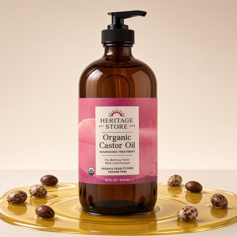 HERITAGE STORE USDA Organic Castor Oil in Glass Bottle - 16oz or 32oz Cold-Pressed for Castor Oil Packs, Hexane-Free Vegan Cruelty-Free Body Oil for Skin & Hair, Nourishing Treatment with Pump Option, Multi-Packs