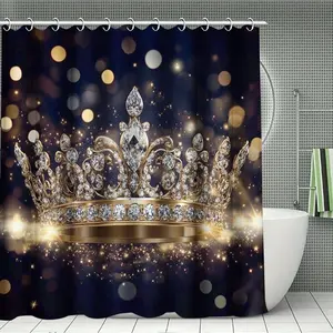 4 Piece Shower Curtain Set with Sparkling Diamonds and Gold Crown Pattern, Waterproof Polyester, Includes 12 Hooks, Non-Slip Bath Mat, Toilet Seat Cover, U-Shaped Pad