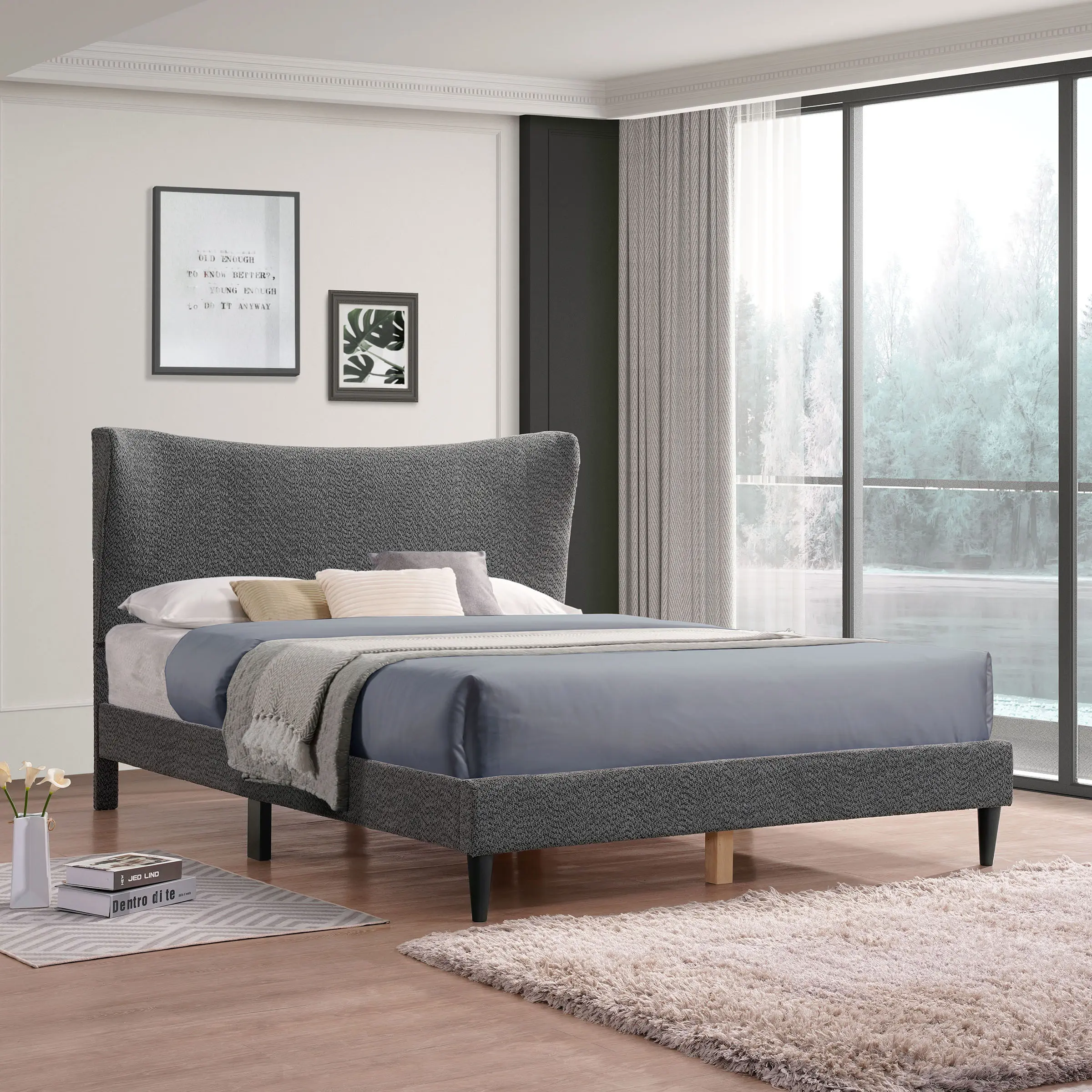 Haven Wingback Upholstered Bed Frame with Textured Fabric by Furniture of America