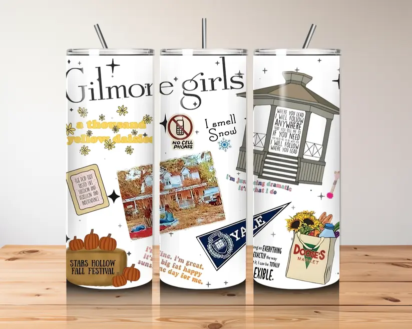 Gilmore Girls Skinny Tumbler 20oz, Stainless Steel Insulated Travel Cup with Straw, Stars Hollow Inspired Coffee Tumbler, Slim Tumbler Cup, Coffee Lover Gift, TV Fan Drinkware