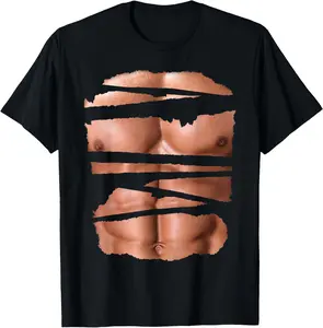 100%cotton Funny Fake Muscles Fitness Model Chest Six Pack Abs Ripped T-Shirt