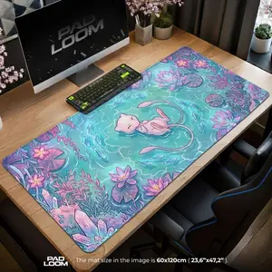 [Sale Up To 50% - Freeship] Mew Crystal Pond Mouse Pad, Cute Pokemon Gaming Desk Mat, Pastel Watercolor Art, Mystical Lotus Keyboard Mat, Kawaii Aesthetic Gift