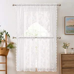 HLC.ME Butterfly Floral Lace Sheer 3 Piece Kitchen Curtains Set Tiers and Swag Valance Machine Washable Cozy Nature Inspired Decor