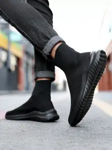 Men's Sock Shoes, Lightweight Breathable Slip-On Flyknit Walking Shoes, Casual Thick Sole Sock Boots, Essential for Running
